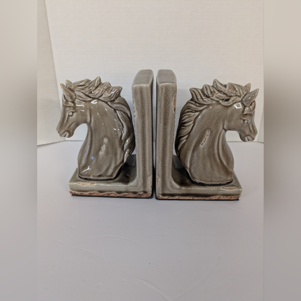Western Farm House Horse Bookends Ceramic Grey 1950s Handmade